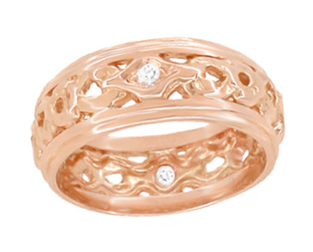 Garlend Art Deco Filigree Wide Diamond Wedding Band in 14 Karat Rose ( Pink ) Gold