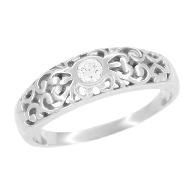 Low Profile Antique Edwardian Filigree Diamond Band Ring in 14 Karat White Gold - Classic Gender Neutral Engagement or Wedding Ring - R197