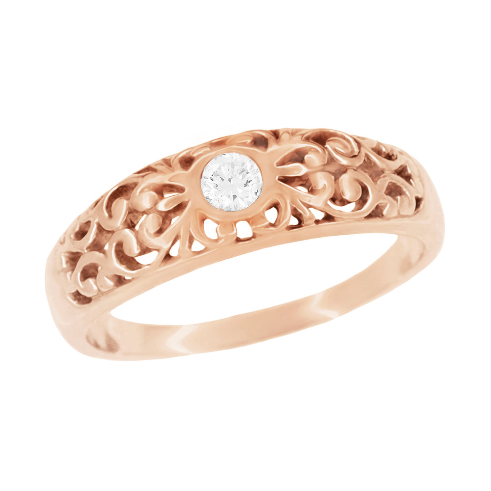Filigree Edwardian Diamond Band Ring in 14 Karat Rose ( Pink ) Gold