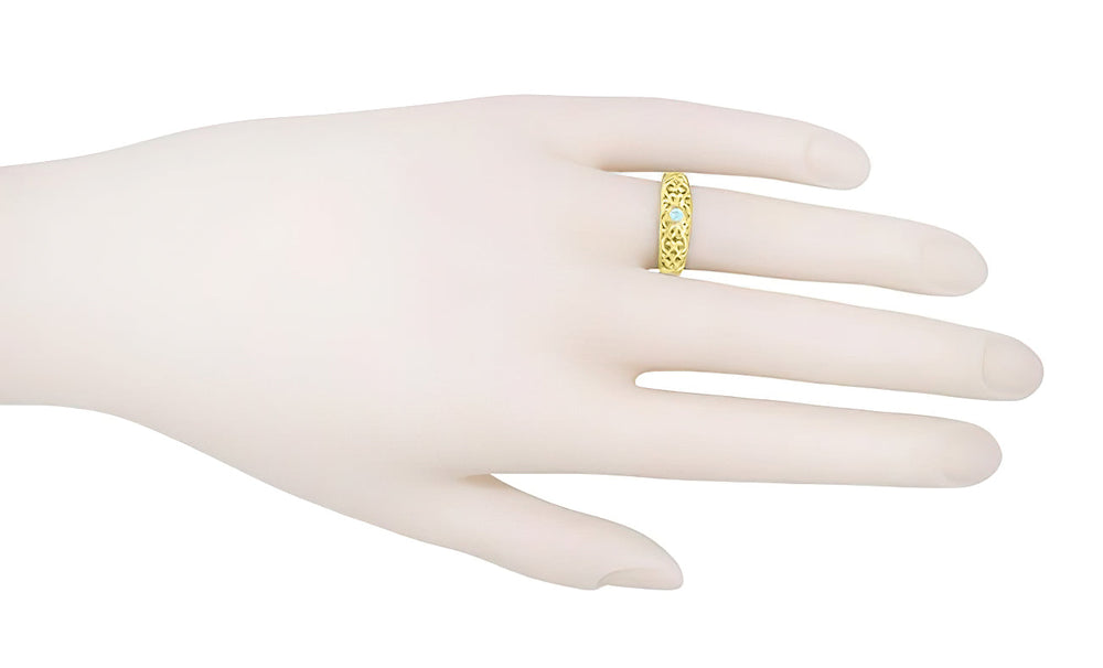 Edwardian Filigree Aquamarine Band Ring in 14 Karat Yellow Gold - Item: R197YAQ - Image: 3