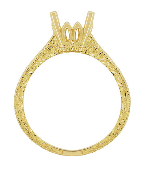 Side view of Carved Design - Yellow Gold Art Deco 3/4 Carat Filigree Engagement Ring Mounting - R199PRY75