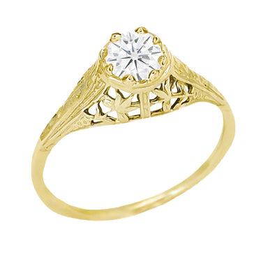 14K Yellow Gold 1/4 Carat Vintage Diamond Engagement Ring with Lilies Filigree on Sides - Cleire Ring - R204Y25