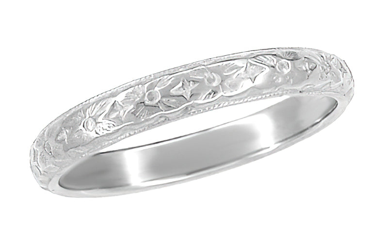 Antique Style Art Deco Dogwood Flowers Wedding Band in 10K, 14K, or 18K White Gold