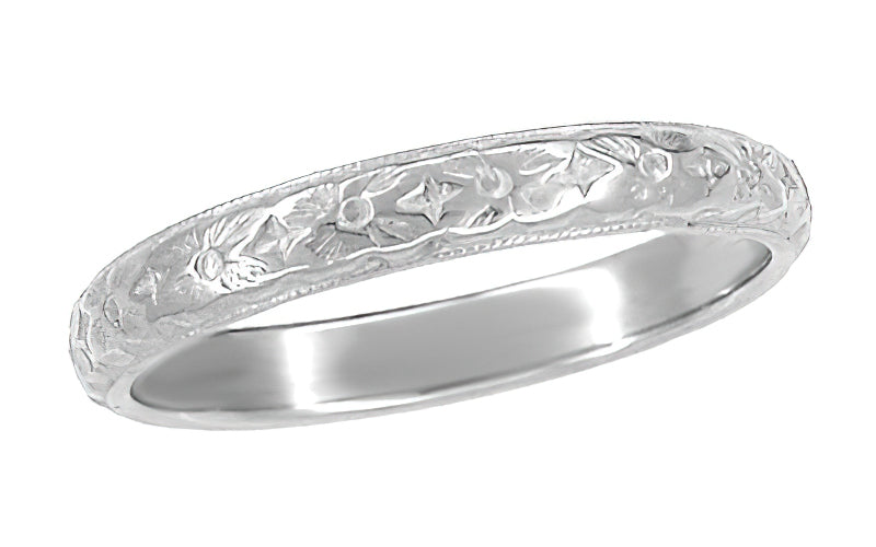 Art Deco Engraved Dogwood Flowers Antique Design Wedding Band in Platinum