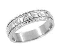 Art Deco Wide Carved Floral Platinum Wedding Band