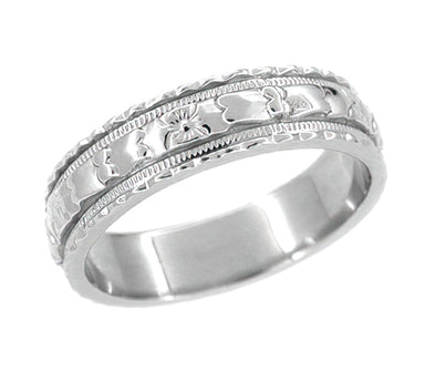 Art Deco Wide Carved Floral Platinum Wedding Band