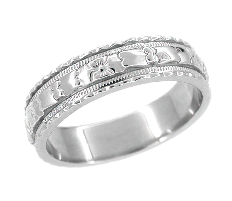Art Deco Wide Carved Floral Platinum Wedding Band