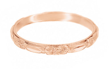 Vintage Rose Gold Carved Roses Wedding Band 2mm Wide - Circa 1920s - R224R