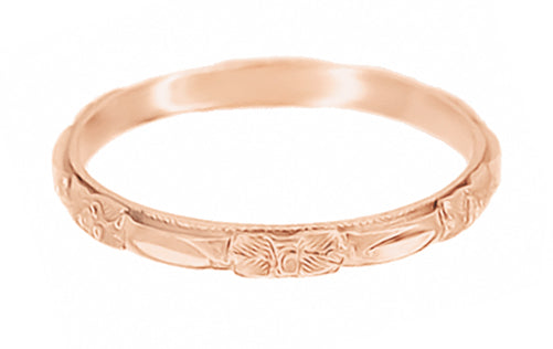 Vintage Rose Gold Carved Roses Wedding Band 2mm Wide - Circa 1920s - R224R
