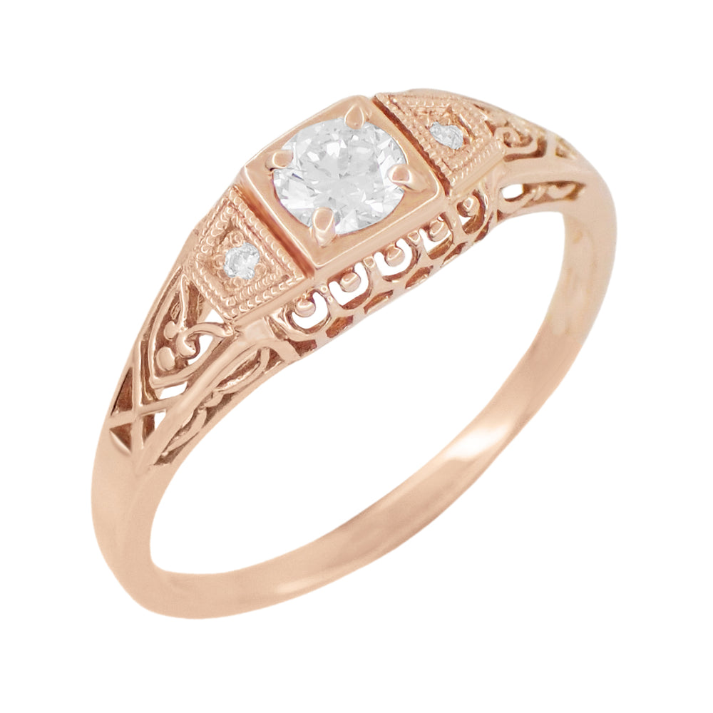 Rose Gold Filigree 1920's Art Deco White Sapphires Engagement Ring - Item: R228RWS - Image: 2