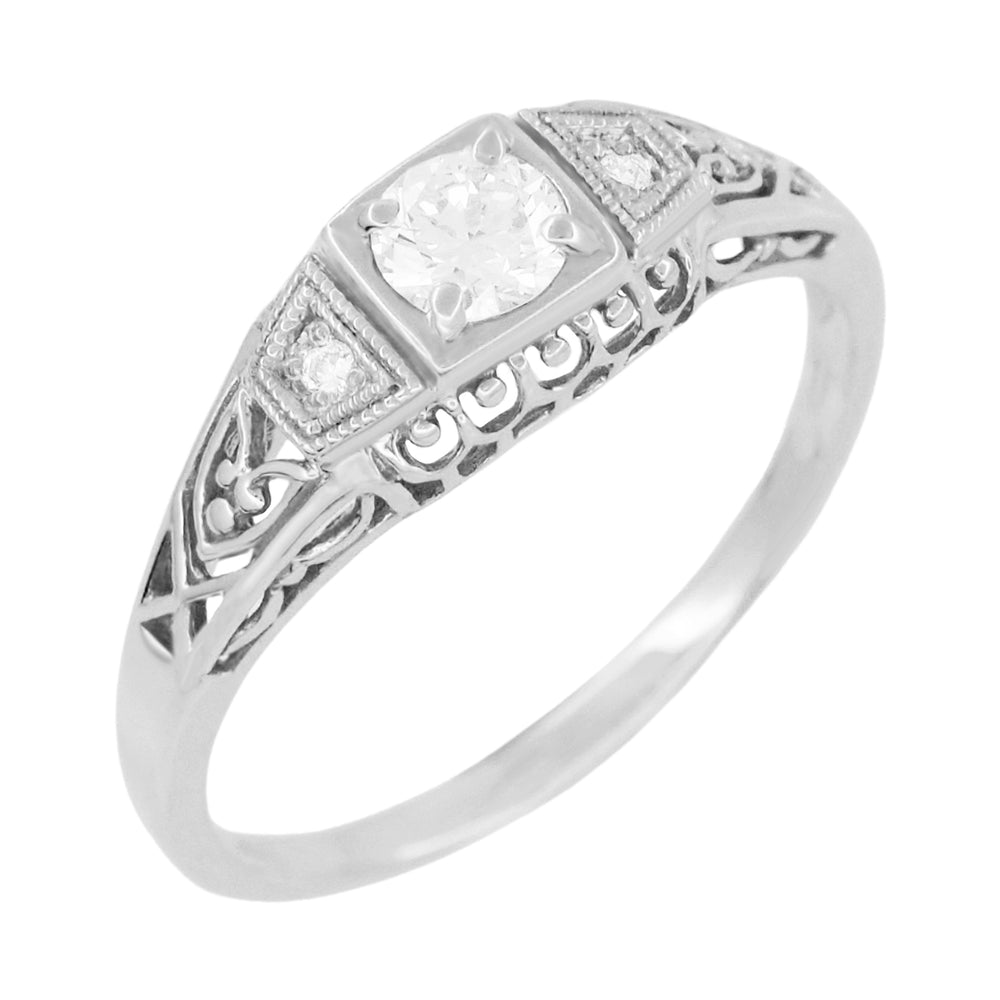 1920's Design White Sapphire Filigree Art Deco Engagement Ring in 14 Karat White Gold - Item: R228WS - Image: 3