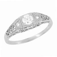 1920's Design White Sapphire Filigree Art Deco Engagement Ring in 14 Karat White Gold