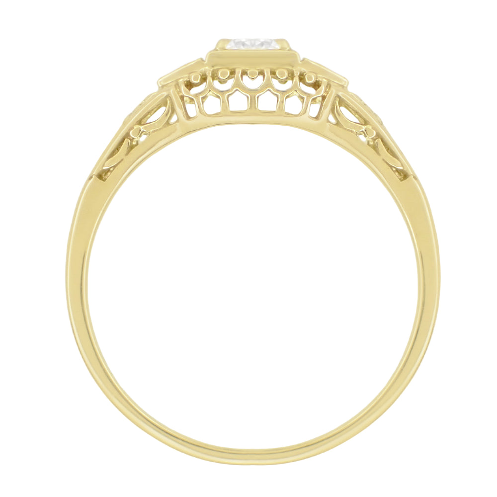 Art Deco Yellow Gold White Sapphires Filigree Low Dome Engagement Ring - Item: R228YWS - Image: 2