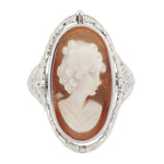 Edwardian Filigree Cameo Flip Ring with Carnelian Shell Cameo, Diamond and Black Onyx in 14 Karat White Gold