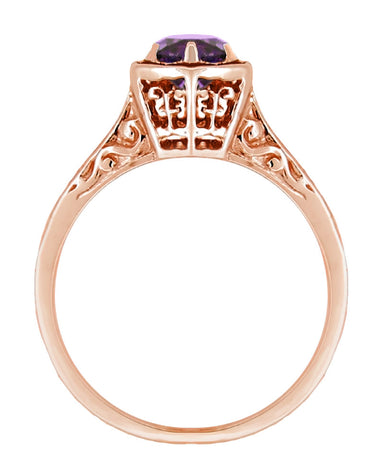 Rose Gold Art Deco Engraved Hexagon Filigree 3/4 Carat Amethyst Solitaire Ring - alternate view