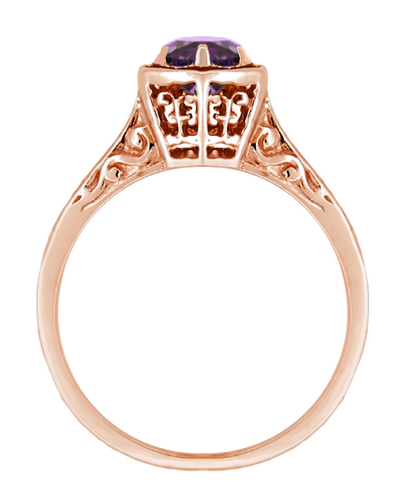 Rose Gold Art Deco Engraved Hexagon Filigree 3/4 Carat Amethyst Solitaire Ring - Item: R233R - Image: 2