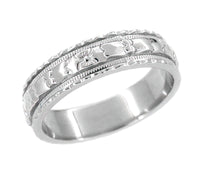 Art Deco Sculptural Floral Wedding Ring in White Gold - 5mm Wide