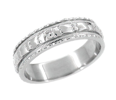 Art Deco Sculptural Floral Wedding Ring in White Gold - 5mm Wide