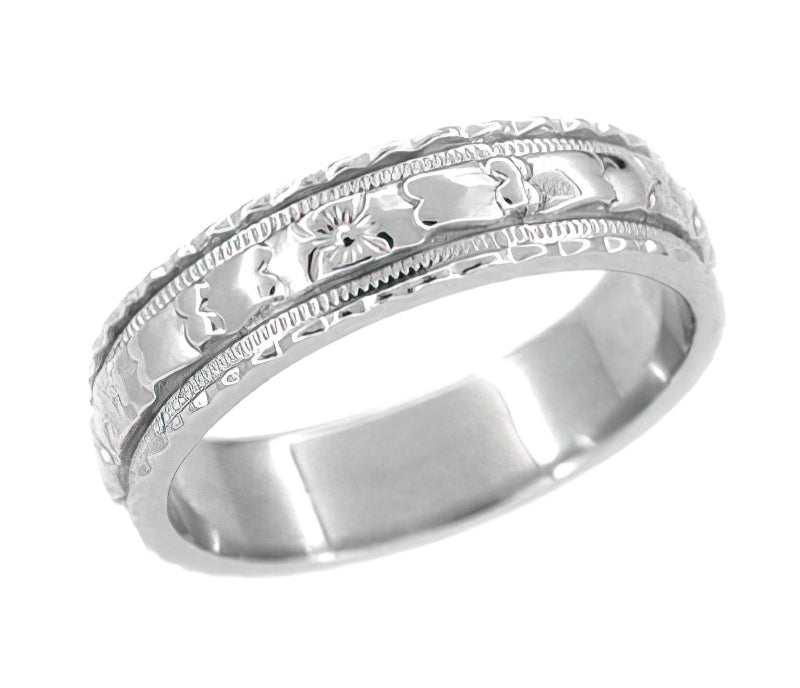 Art Deco Sculptural Floral Wedding Ring in White Gold - 5mm Wide
