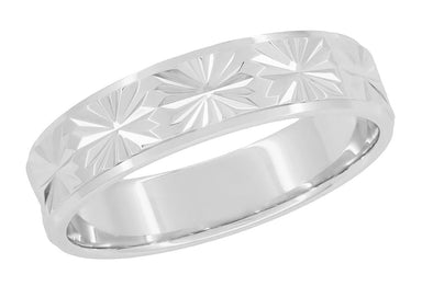 1960's Mid Century Modern Starburst Engraved Low Profile Vintage Wedding Band in 14K or 10K White Gold - 5mm