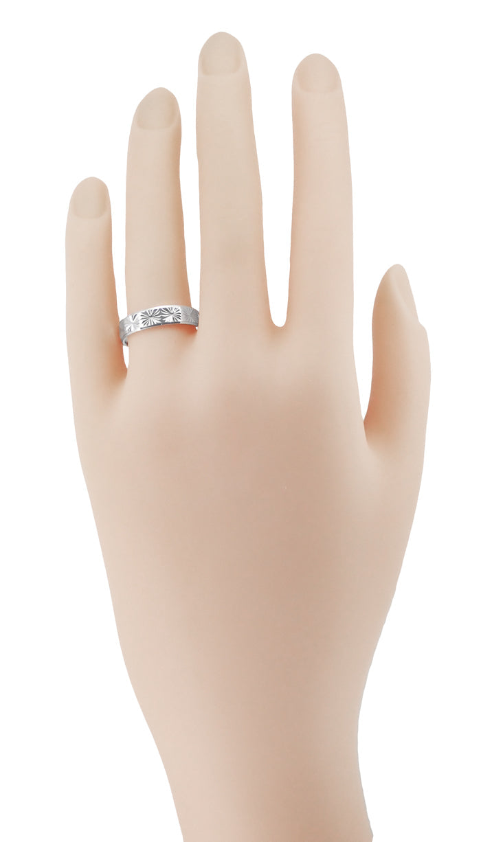 Ladies Hand with White Gold Starburst Vintage Wedding Band