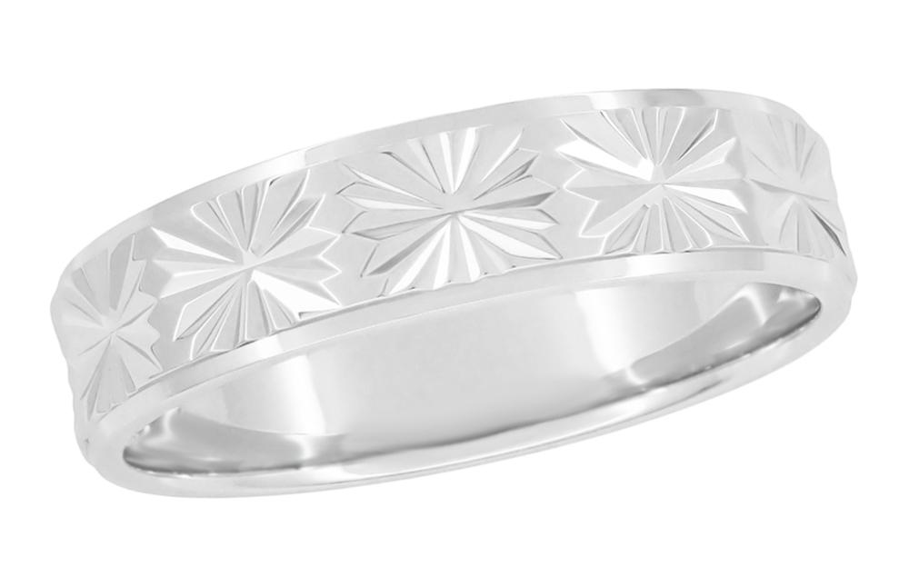 White Gold Vintage Mid Century Modern Carved Stars Wedding Band - White Gold