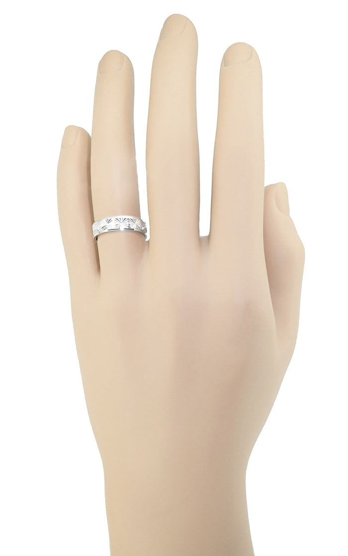 1960's Mid Century Starburst Engraved Flat Wedding Band in White Gold - 5mm Wide - Item: R259W10 - Image: 5