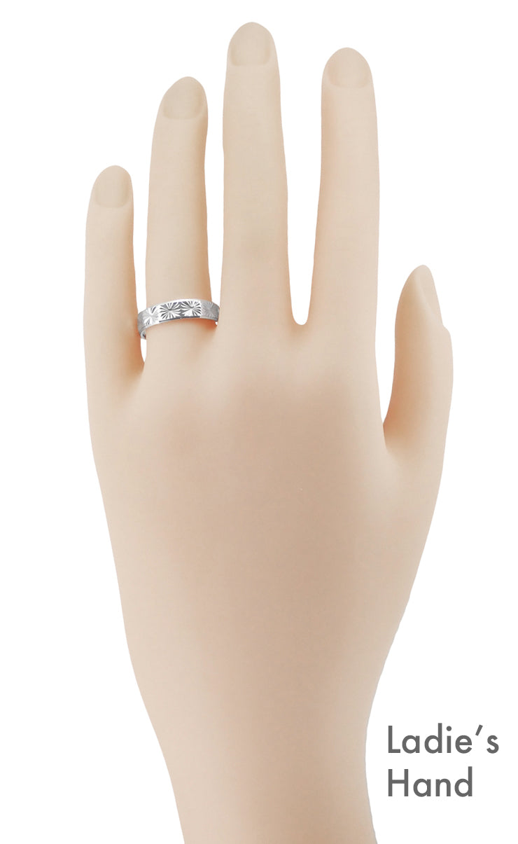 1960's Mid Century Carved Starbursts Low Profile Platinum Wedding Band - 5mm Wide - Item: R259P - Image: 6