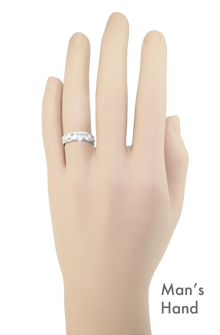 1960's Mid Century Carved Starbursts Low Profile Platinum Wedding Band - 5mm Wide - Item: R259P - Image: 5