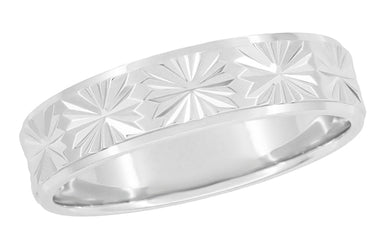 1960's Mid Century Carved Starbursts Low Profile Platinum Wedding Band - 5mm Wide - alternate view