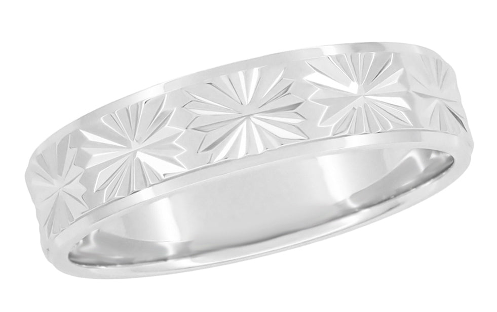 Platinum Wide Vintage Wedding Band Mid Century Modern Eternity Engraved Starbursts Low Profile - R259P