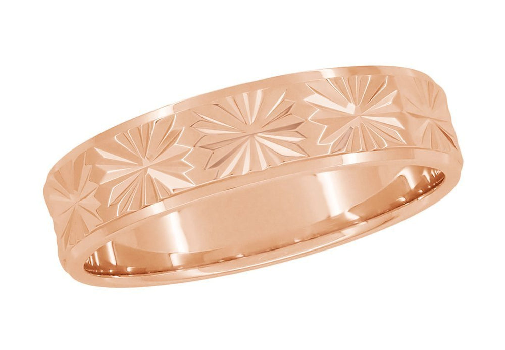 14 Karat Rose Gold Engraved Stars 1960's Mid Century Modern Wedding Band - 5mm Wide - Item: R259R - Image: 2