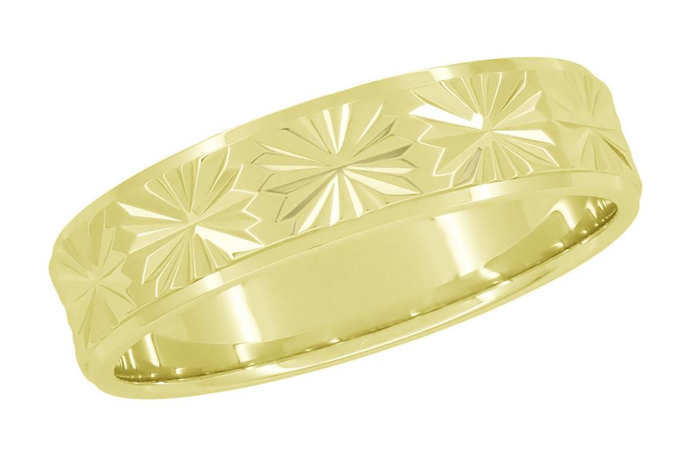 1960s Yellow Gold Vintage Wide Wedding Ring with Star Engraved Pattern - 5mm Wide