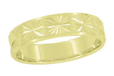 5mm Wide Low Profile Yellow Gold Vintage Eternity Engraved Starbursts Wedding Ring Circa 1960s - 10K or 14K