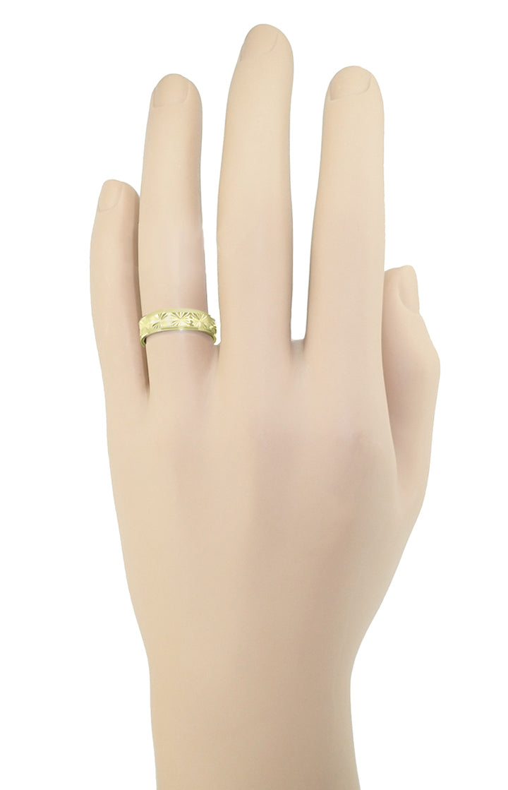 1960's Mid Century Modern Carved Stars Yellow Gold Flat Wedding Band - 5mm Wide - Item: R259Y10 - Image: 5