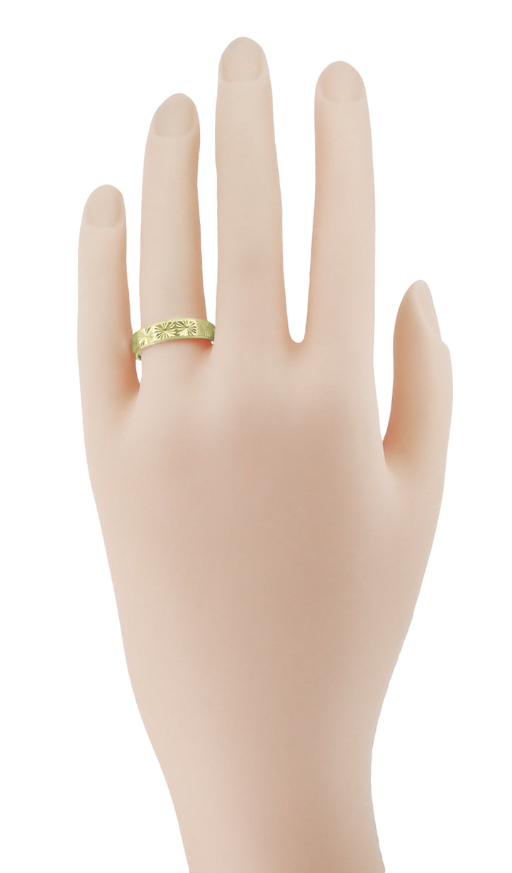 1960's Mid Century Modern Carved Stars Yellow Gold Flat Wedding Band - 5mm Wide - Item: R259Y10 - Image: 6