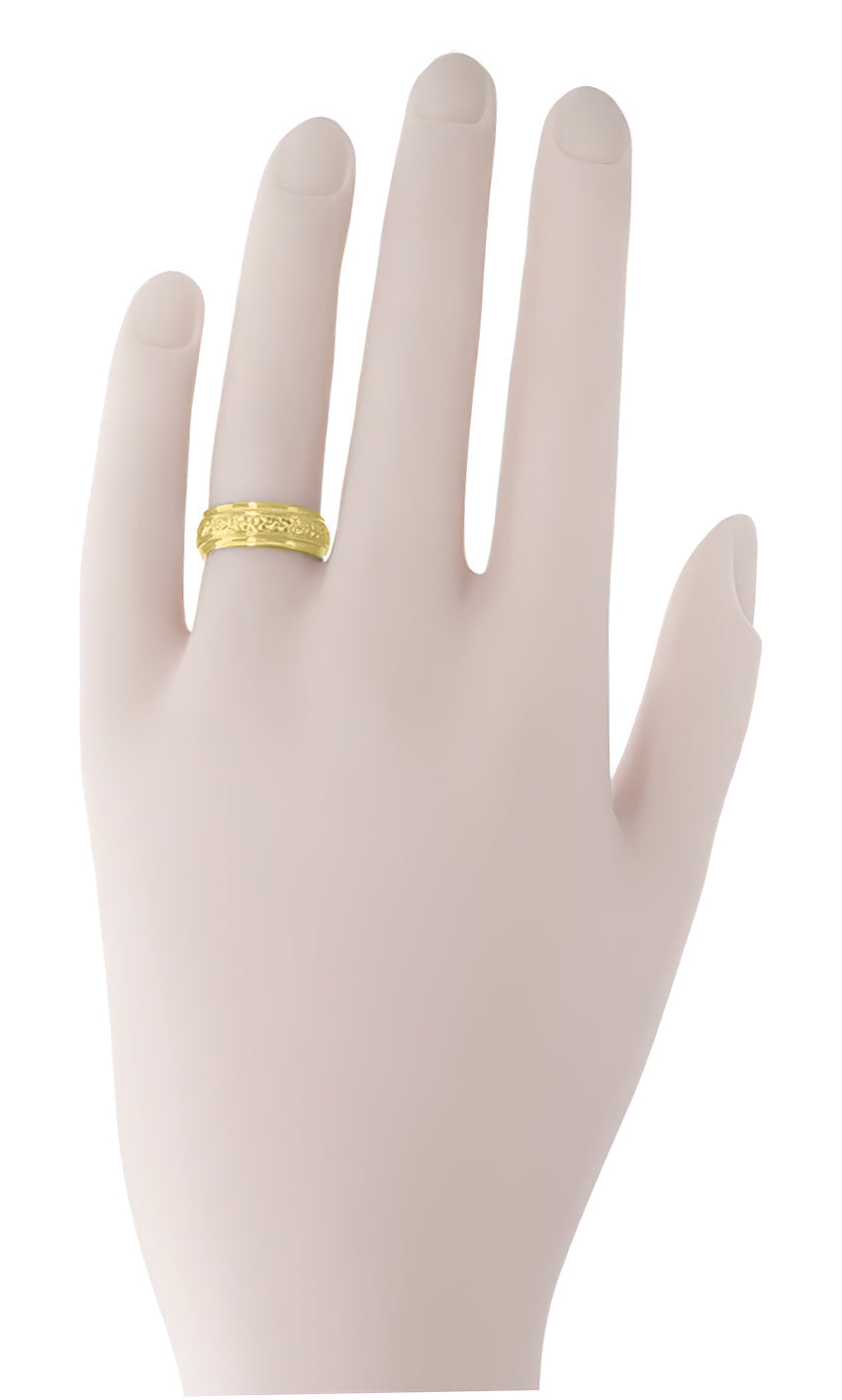 Yellow Gold Victorian Carved Leaves and Flowers 6mm Wide Wedding Ring - Item: R267Y14 - Image: 3