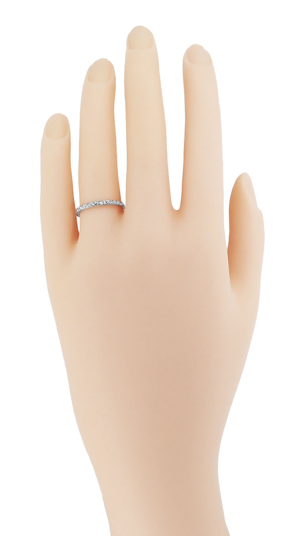 Edwardian Roses and Leaves Engraved Antique Design Wedding Band in White Gold - Item: R268W10-15 - Image: 2
