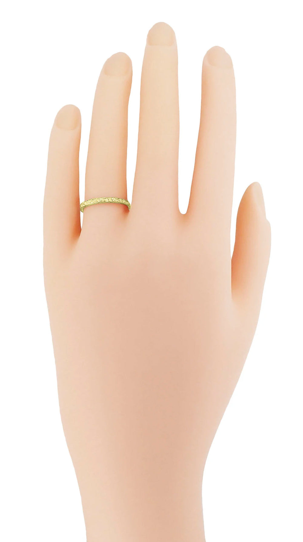 Edwardian Carved Roses and Leaves Yellow Gold Vintage Style Wedding Band - Item: R268Y10 - Image: 2