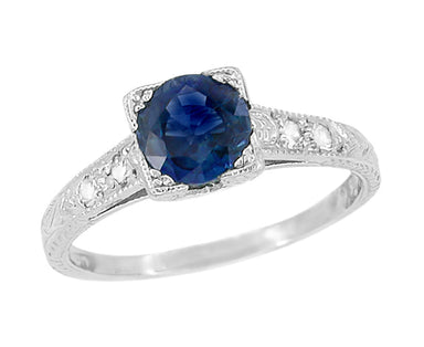 Art Deco Sapphire and Side Diamonds Engraved Engagement Ring in White Gold - 14K or 18K