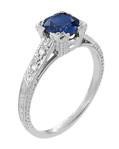 Art Deco Sapphire and Side Diamonds Engraved Engagement Ring in White Gold - 14K or 18K - alternate view