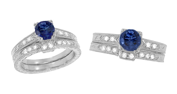 Art Deco Sapphire and Side Diamonds Engraved Engagement Ring in White Gold - 14K or 18K - Item: R283W14K - Image: 4