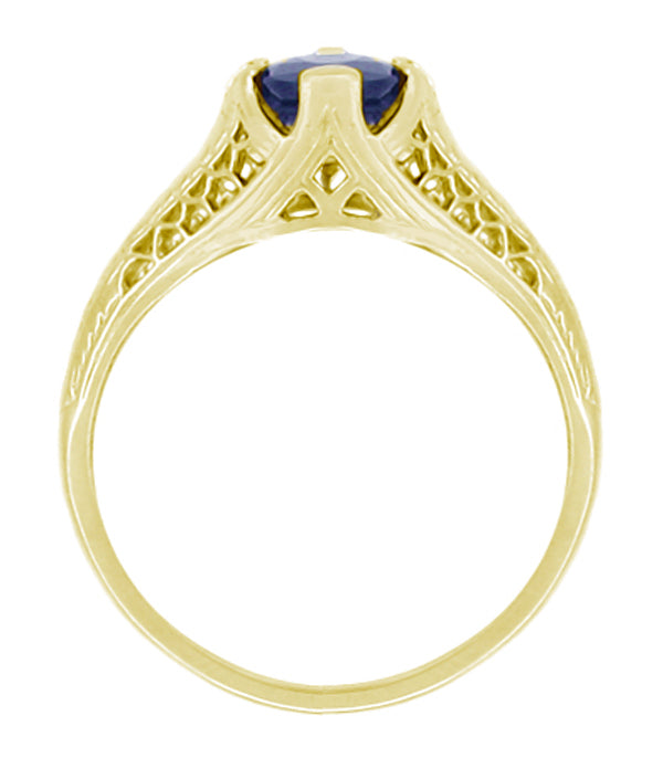 Side Open Filigree on Art Deco Antique Yellow Gold Filigree Blue Sapphire Engagement Ring - R285Y