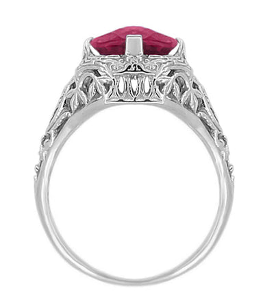 Art Deco Flowers and Leaves Cushion Cut Rhodolite Garnet Filigree Ring in 14 Karat White Gold - alternate view