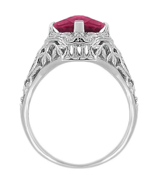Side Filigree Detail Art Deco Flowers and Leaves Rhodolite Garnet Vintage Ring - White Gold - R289