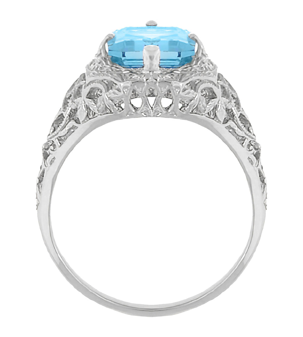Filigree Art Deco Leaves and Flowers Emerald Cut Swiss Blue Topaz Ring in 14 Karat White Gold - Item: R289WBT - Image: 2