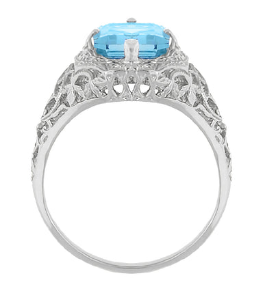 Filigree Art Deco Leaves and Flowers Emerald Cut Swiss Blue Topaz Ring in 14 Karat White Gold - alternate view