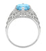 Filigree Art Deco Leaves and Flowers Emerald Cut Swiss Blue Topaz Ring in 14 Karat White Gold