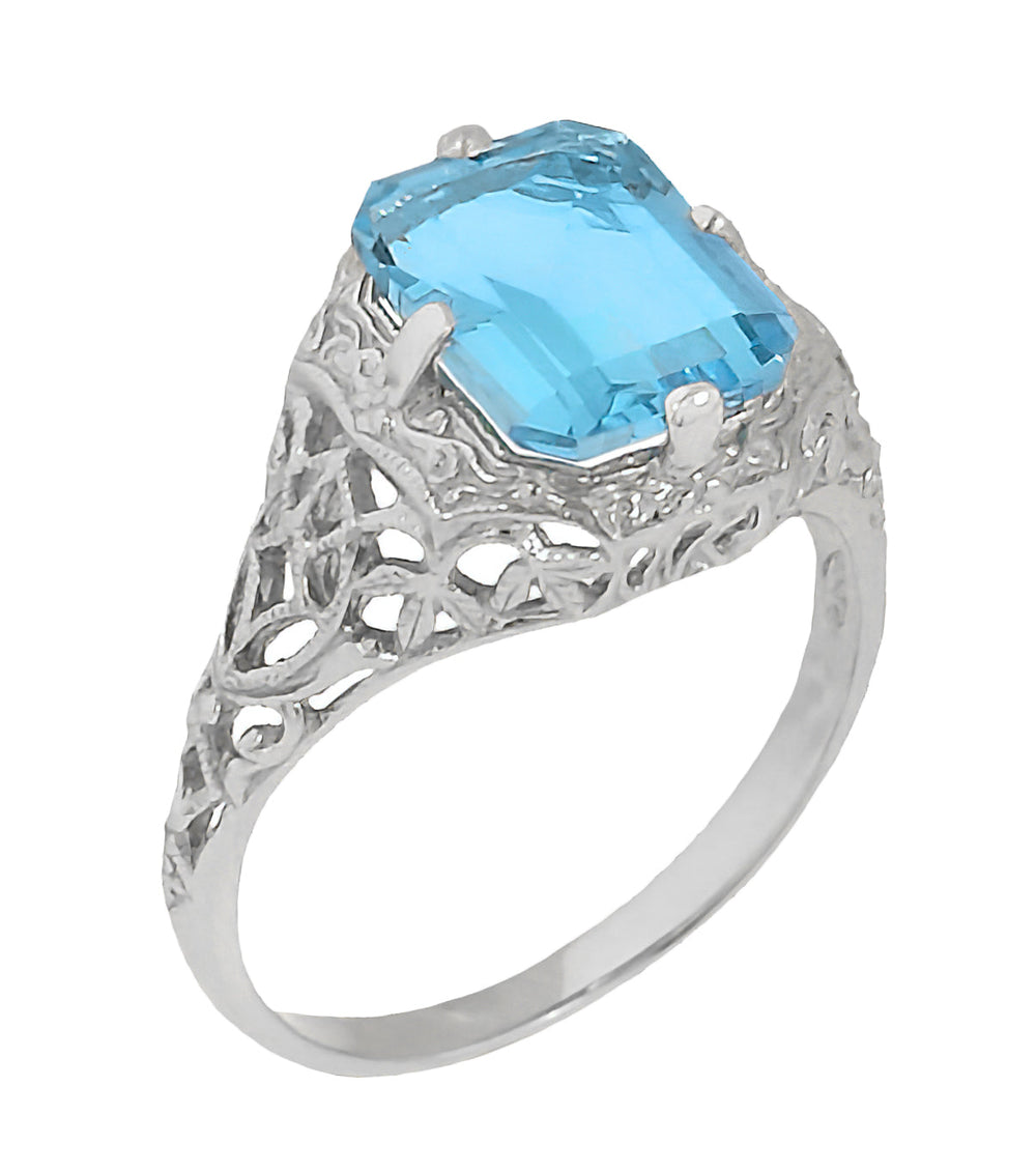 Filigree Art Deco Leaves and Flowers Emerald Cut Swiss Blue Topaz Ring in 14 Karat White Gold - Item: R289WBT - Image: 3