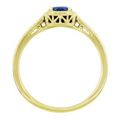 Art Deco Yellow Gold Filigree Blue Sapphire Engagement Ring with Sculptural Engraving and Side Diamonds - alternate view